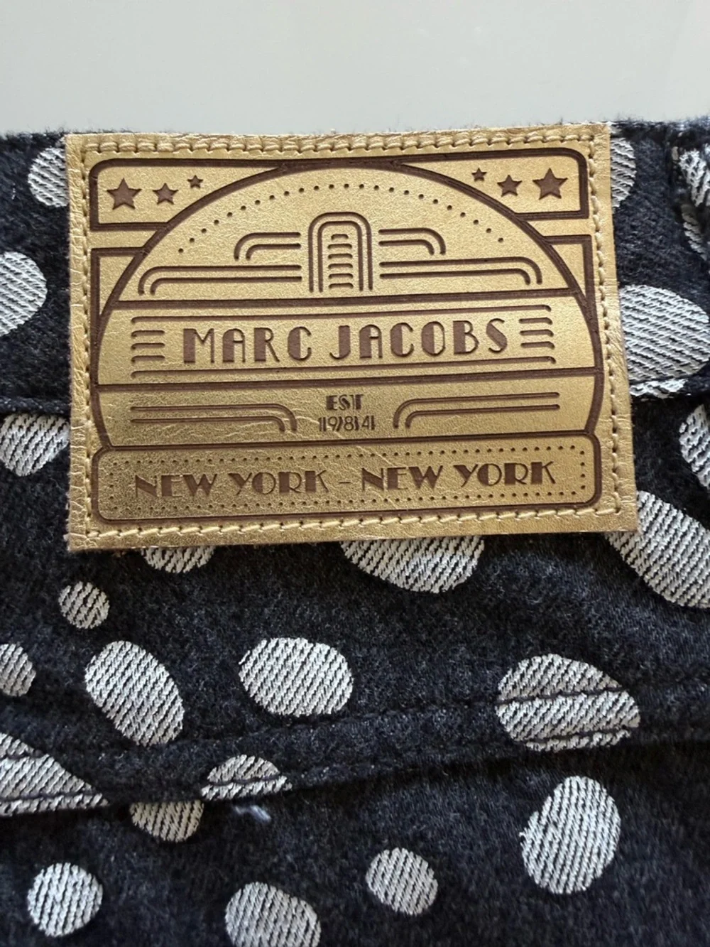 Marc Jacobs Black and White Polka Dot Denim Skirt with Leather Logo Patch - Picture 3 of 11